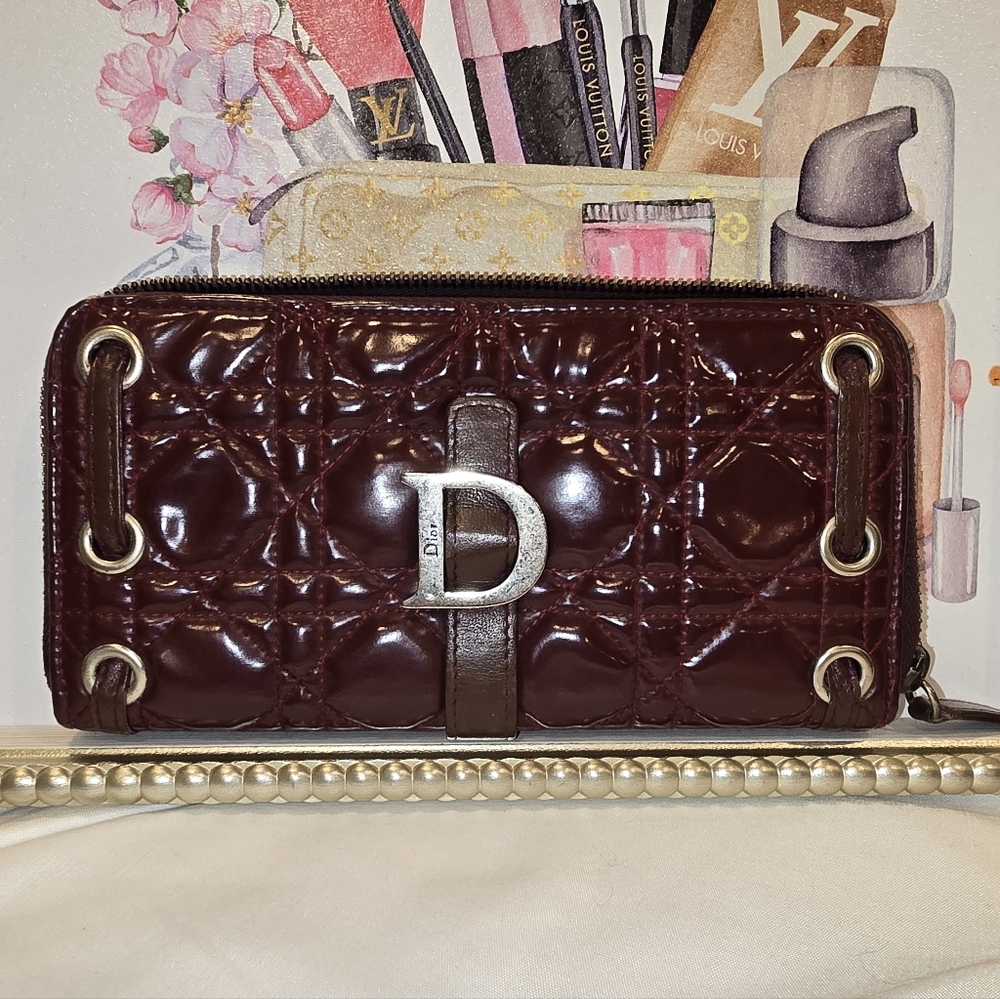 Dior Women's Burgundy Patent Leather Wallet Clutch